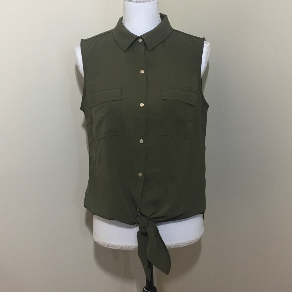 NWOT Jones New York Olive Green Sleeveless Collared Blouse Bow Tie Hem Size M